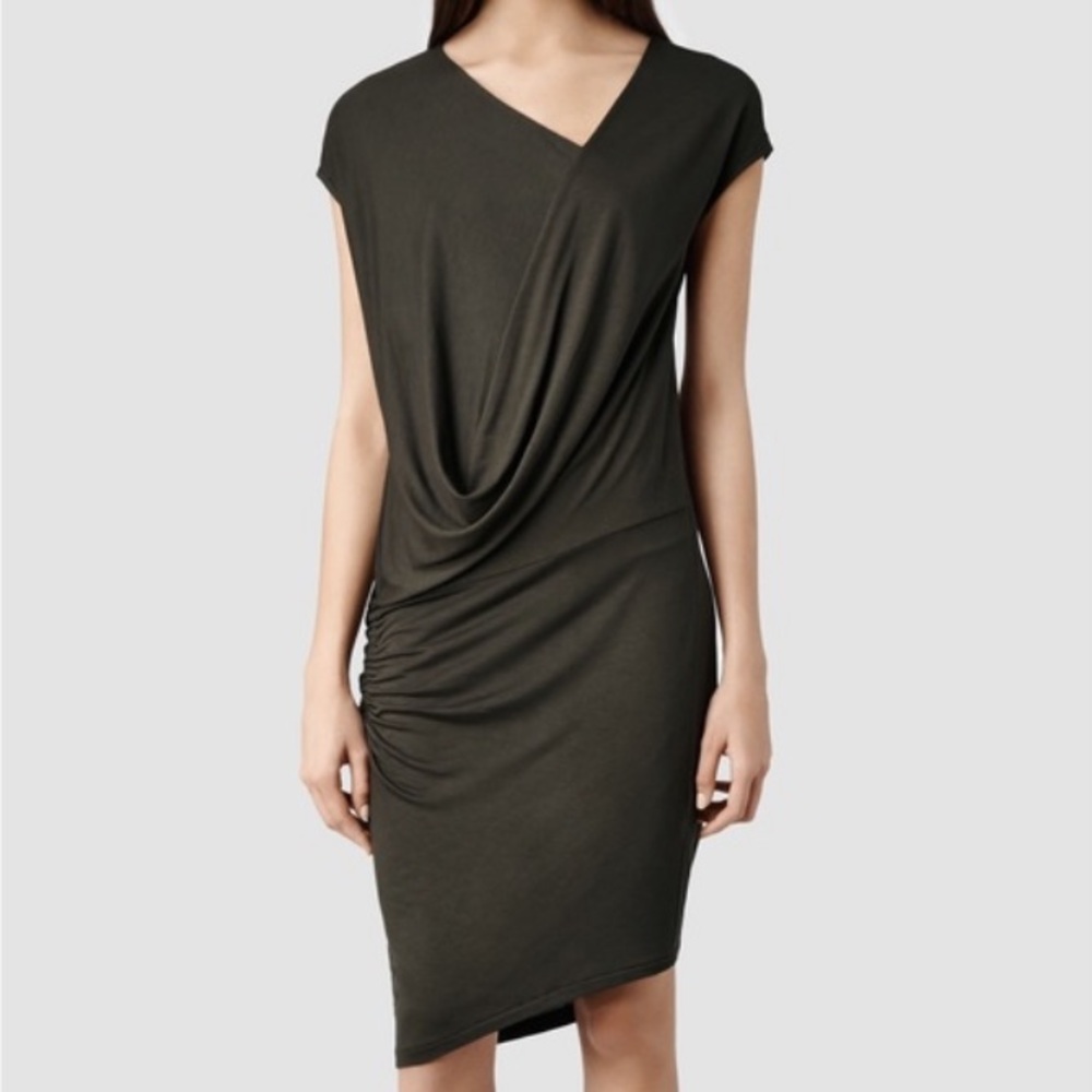 All Saints Olive Green Asymmetrical Draped Dress
